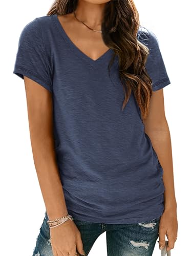 AUTOMET T Shirts Short Sleeve V Neck Tees Womens Fashion Tops Loose Fit Lightweight Soft Casual Summer Outfits Clothes 2024 Navy