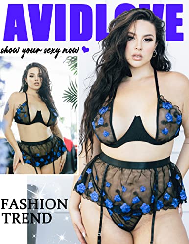 Avidlove Lingerie Set for Women with Garter Sexy Lace Lingerie Floral Print Push Up Lingerie(Blue,Medium)