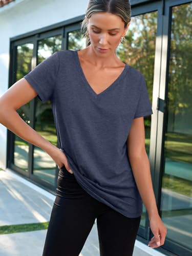 AUTOMET T Shirts Short Sleeve V Neck Tees Womens Fashion Tops Loose Fit Lightweight Soft Casual Summer Outfits Clothes 2024 Navy
