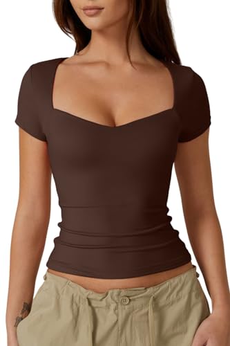 QINSEN Woman's High Stretch Sweetheart Neck Short Sleeve T Shirts Slim Fit Tops Basic Tee M