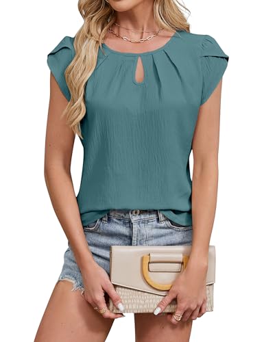 Blooming Jelly Women's Blouses Dressy Casual Tops Business Short Sleeve Shirts Work Summer Tee Pleated Keyhole T Shirts Seagreen