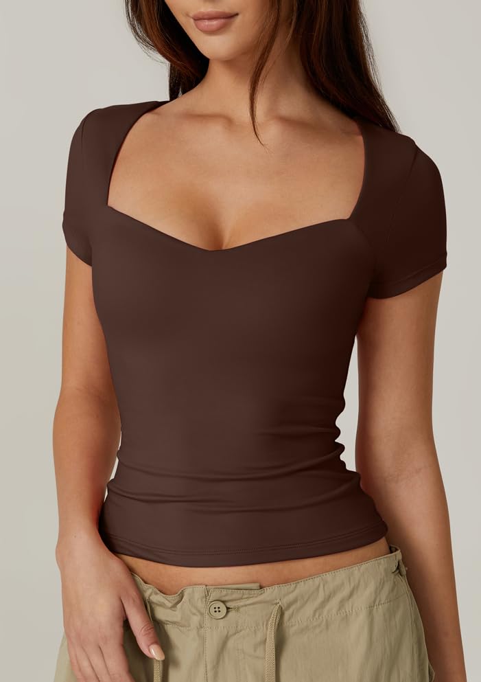 QINSEN Woman's High Stretch Sweetheart Neck Short Sleeve T Shirts Slim Fit Tops Basic Tee M