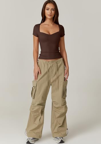 QINSEN Woman's High Stretch Sweetheart Neck Short Sleeve T Shirts Slim Fit Tops Basic Tee M