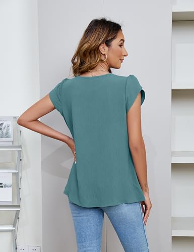 Blooming Jelly Women's Blouses Dressy Casual Tops Business Short Sleeve Shirts Work Summer Tee Pleated Keyhole T Shirts Seagreen