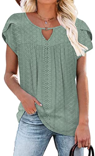 SAUKOLE Petal Sleeve Tunic Tops for Leggings Short Sleeve Shirts Key Hole Neck Loose Casual Pleated Dressy Blouses