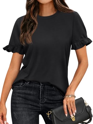 AUTOMET Womens Casual Cute Tops Ruffle Short Sleeve T Shirts Dressy Blouses Summer Spring Outfits Trendy Clothes Black