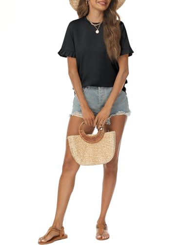 AUTOMET Womens Casual Cute Tops Ruffle Short Sleeve T Shirts Dressy Blouses Summer Spring Outfits Trendy Clothes Black
