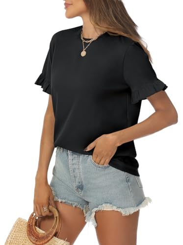 AUTOMET Womens Casual Cute Tops Ruffle Short Sleeve T Shirts Dressy Blouses Summer Spring Outfits Trendy Clothes Black
