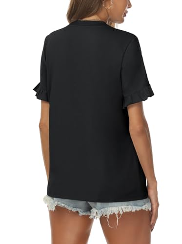 AUTOMET Womens Casual Cute Tops Ruffle Short Sleeve T Shirts Dressy Blouses Summer Spring Outfits Trendy Clothes Black