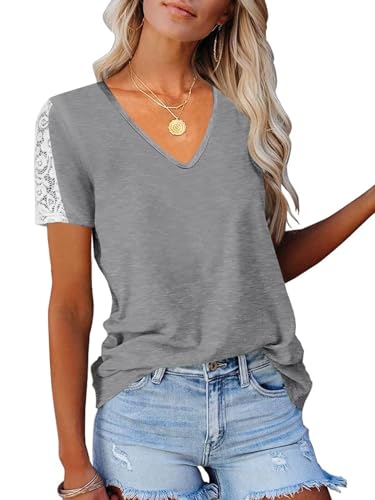 Eachyes Womens V Neck Tops Summer Short Sleeve T Shirts Dressy Casual Blouses Grey Large
