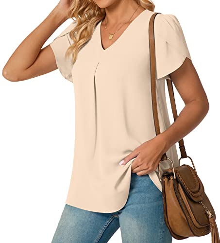 Anyally Womens Summer Dressy Chiffon Blouses Plus Size V Neck Petal Short Sleeve Tunic Tops for Leggings Casual T-Shirts, 2XL Khaki