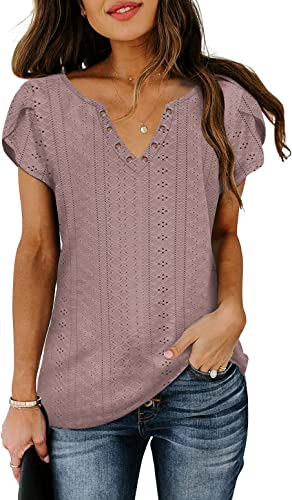 Casual Short Sleeve T Shirts for Women V Neck Petal Sleeve Summer Dressy Tops B-Pink