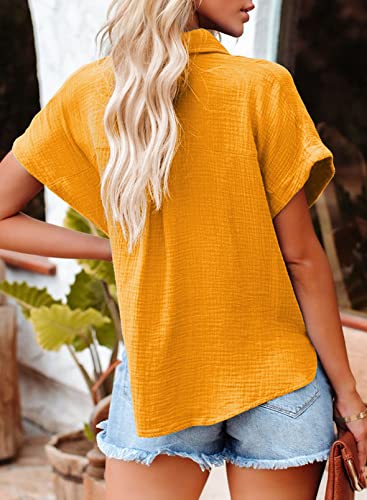 Dokotoo 2024 Women's Stylish Spring Summer V Neck Button Down Batwing Short Sleeve Shirts Solid Cotton Elegant Oversized Blouse Tops for Women Ladies Orange M