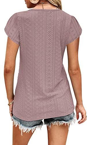 Casual Short Sleeve T Shirts for Women V Neck Petal Sleeve Summer Dressy Tops B-Pink