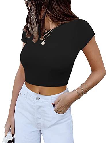 REORIA Women's Summer Cute Short Sleeve High Neck Double Lined Tight Casual Basic T Shirts Yoga Crop Tops Tees Black Large
