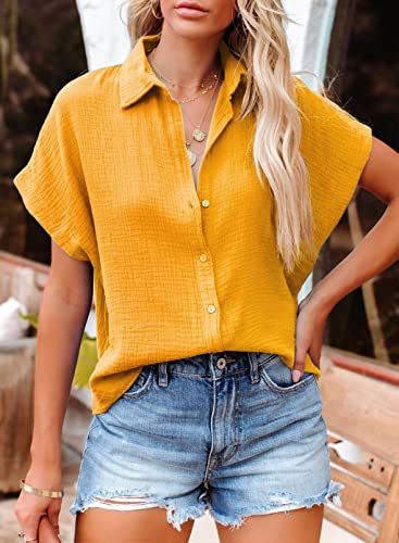 Dokotoo 2024 Women's Stylish Spring Summer V Neck Button Down Batwing Short Sleeve Shirts Solid Cotton Elegant Oversized Blouse Tops for Women Ladies Orange M