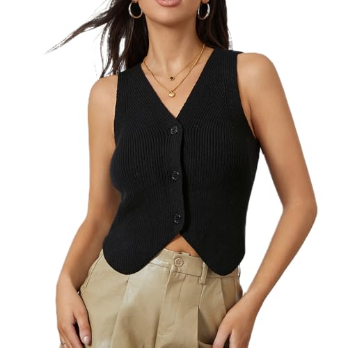 Women Knit Vest Top Y2k V Neck Sleeveless Button Up Crochet Going Out Tops Fashion Streetwear Black S