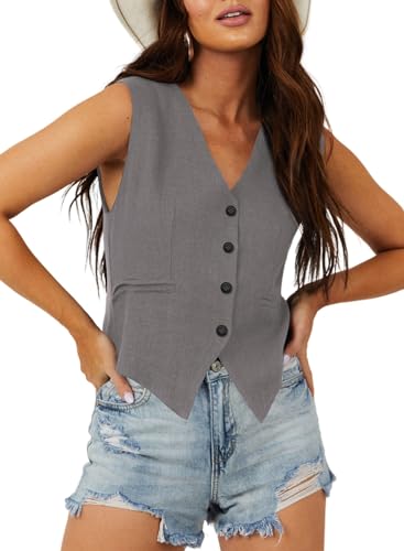 Dokotoo Waistcoats for Women Cropped Summer Tops Sleeveless Blazer Fashion V-neck Button Up Cowgirl Vest Tuxedo Suit Gray Medium