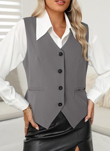 Dokotoo Waistcoats for Women Cropped Summer Tops Sleeveless Blazer Fashion V-neck Button Up Cowgirl Vest Tuxedo Suit Gray Medium