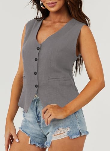 Dokotoo Waistcoats for Women Cropped Summer Tops Sleeveless Blazer Fashion V-neck Button Up Cowgirl Vest Tuxedo Suit Gray Medium