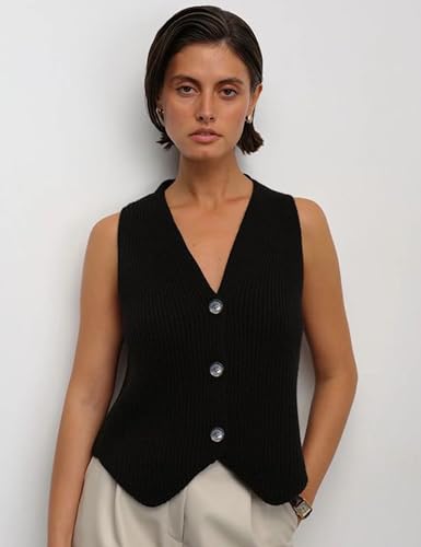 Bgylu Womens Sleeveless Knit Vest Top Loose Button Down V Neck Crochet Vest Sweater Tank Top Y2k Streetwear (Black-L)