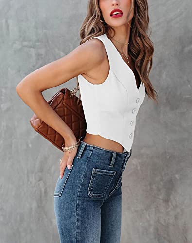 Sunborui Women's Business Button Up Sleeveless Vests Fully Lined V Neck Regular Fitted Jacket Waistcoat (White,Small,Small)