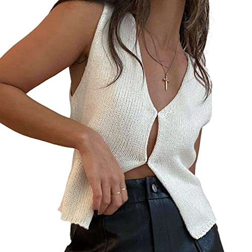 Women Knit Vest Crochet Top Sleeveless Sexy V Neck Aesthetic Y2k Casual Open Front Top Streetwear White S
