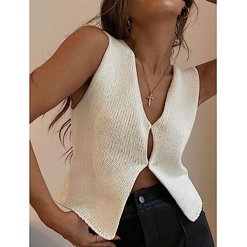 Women Knit Vest Crochet Top Sleeveless Sexy V Neck Aesthetic Y2k Casual Open Front Top Streetwear White S