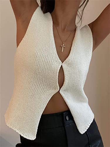 Women Knit Vest Crochet Top Sleeveless Sexy V Neck Aesthetic Y2k Casual Open Front Top Streetwear White S