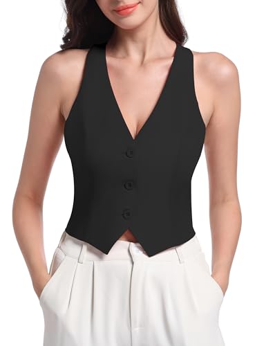 V VOCNI Vest for Women V Neck Suit Vest Racerback Sleeveless Fashion Dressy Crop Vest Top Fitted Jacket Waistcoat Black Large