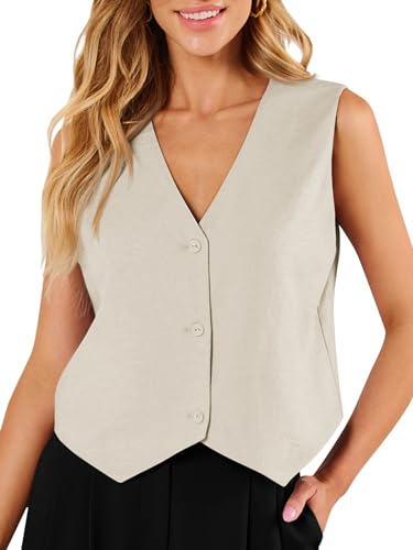 AUTOMET Womens Vests Crop Tank Tops 2024 V Neck Sleeveless Linen Button Casual Work Suit Cute Spring Break Outfits Waistcoat Jacket