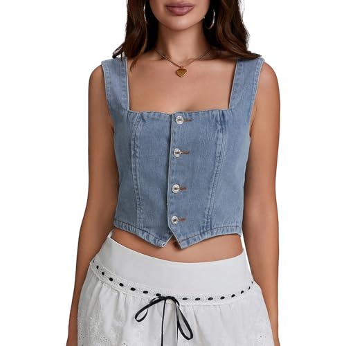 Women Fashion Denim Vest Sleeveless Boat Neck Button Down Crop Vest Jean Tank Top Slim Backless Smocking Vest Blue