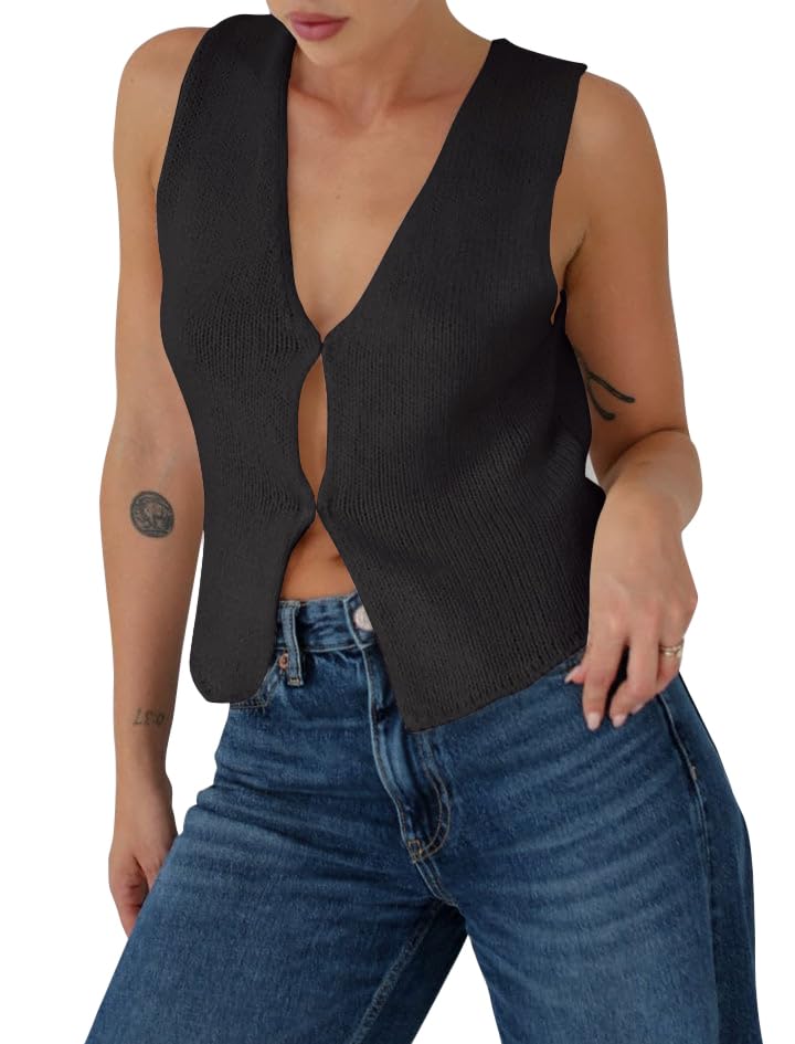 BZB Sweater Tank Tops for Women 2024 Summer Basic V Neck Crochet Knit Vest Sexy Button Casual Y2k Sweater Sleeveless Top Black