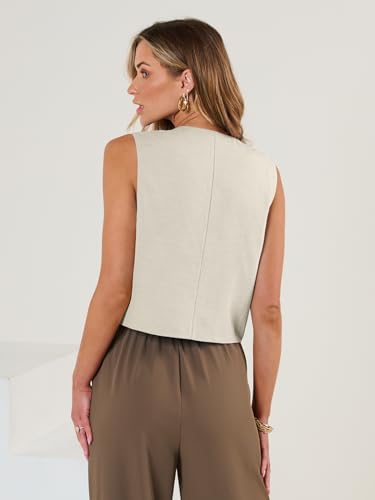 AUTOMET Womens Vests Crop Tank Tops 2024 V Neck Sleeveless Linen Button Casual Work Suit Cute Spring Break Outfits Waistcoat Jacket