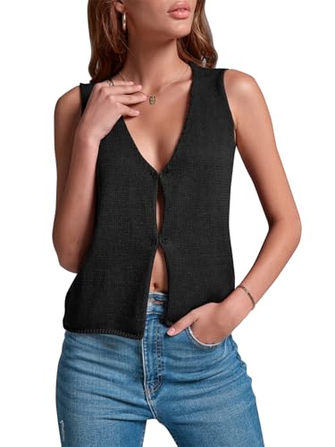 BZB Sweater Tank Tops for Women 2024 Summer Basic V Neck Crochet Knit Vest Sexy Button Casual Y2k Sweater Sleeveless Top Black