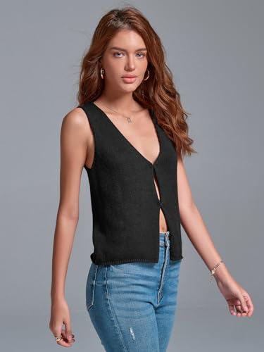 BZB Sweater Tank Tops for Women 2024 Summer Basic V Neck Crochet Knit Vest Sexy Button Casual Y2k Sweater Sleeveless Top Black