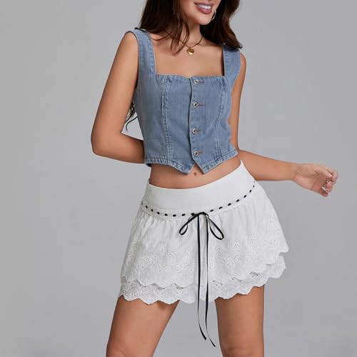 Women Fashion Denim Vest Sleeveless Boat Neck Button Down Crop Vest Jean Tank Top Slim Backless Smocking Vest Blue