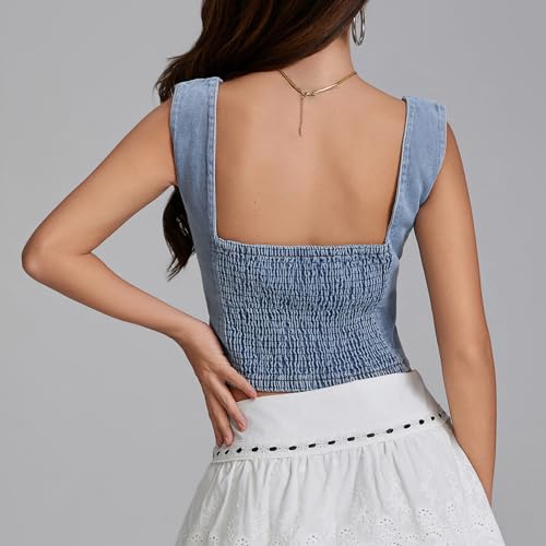 Women Fashion Denim Vest Sleeveless Boat Neck Button Down Crop Vest Jean Tank Top Slim Backless Smocking Vest Blue