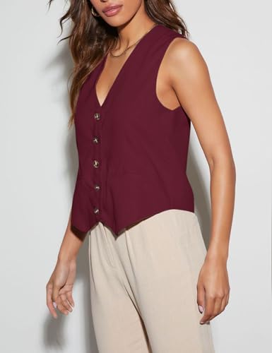 Floral Find Womens Casual Button Down Sleeveless Vest Fully Lined V Neck Business Jacket Waistcoat with Pocket (Wine Red, X-Large)