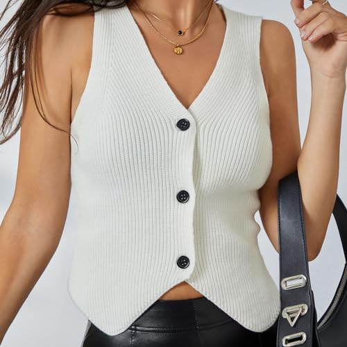 Usweetie Women Vest Tops Sleeveless V Neck Button Knit Sweater Vest White M