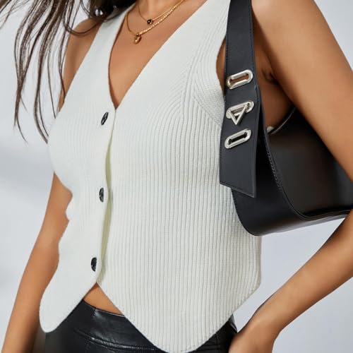 Usweetie Women Vest Tops Sleeveless V Neck Button Knit Sweater Vest White M