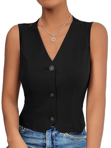 Verdusa Women's Button Front V Neck Sleeveless Vest Blazer Waistcoats Black X-Small