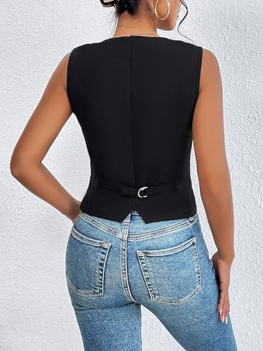 Verdusa Women's Button Front V Neck Sleeveless Vest Blazer Waistcoats Black X-Small