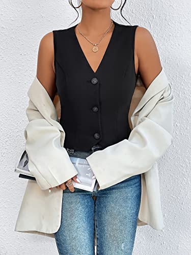 Verdusa Women's Button Front V Neck Sleeveless Vest Blazer Waistcoats Black X-Small