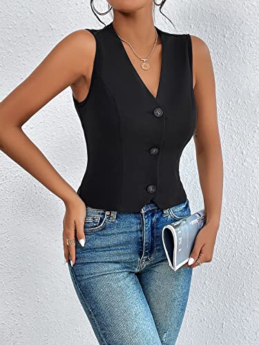 Verdusa Women's Button Front V Neck Sleeveless Vest Blazer Waistcoats Black X-Small