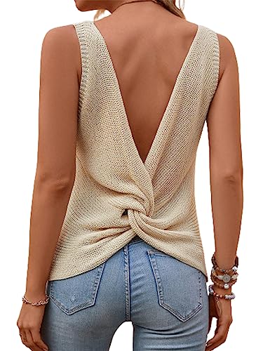 Verdusa Women's Casual Twist Back Sleeveless V Neck Tank Knit Top Vest Apricot M