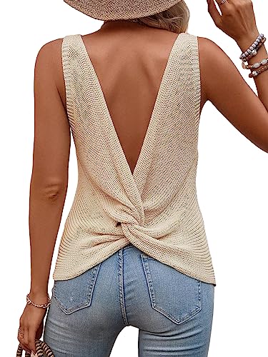 Verdusa Women's Casual Twist Back Sleeveless V Neck Tank Knit Top Vest Apricot M