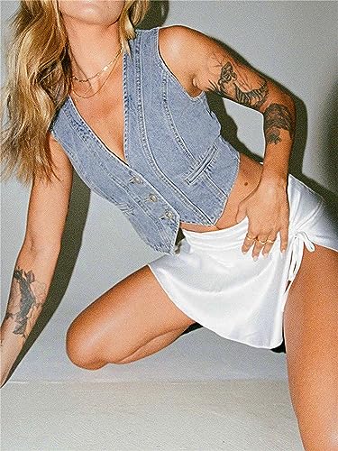 Women Y2K Button Down Denim Vest Sexy Sleeveless Denim Crop Top Low Cut Strapless Jean Corset Bustier Streetwear