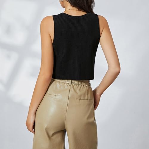 Women Knit Vest Top Sleeveless Sweater Vest Tank Tops V Neck Button Down Trendy Top Black M