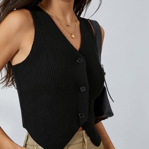 Women Knit Vest Top Sleeveless Sweater Vest Tank Tops V Neck Button Down Trendy Top Black M